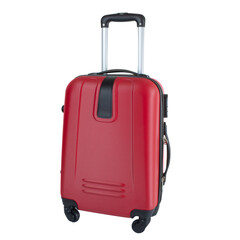 Side view of Red suitcase isolated on white background with clipping path, large polycarbonate baggage case, huge plastic travel bag