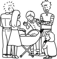 出産の報告をして、赤ちゃんを見せる夫婦