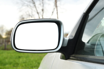 Car side mirror with white isolated background. Side view mirror.