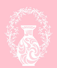 empty ceramic vase with elegant ornament among sakura blossom branches forming oval frame - home decor emblem vector design