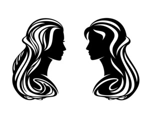 black and white vector silhouette portrait of beautiful woman head with long gorgeous hair wave falling down