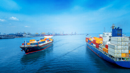Two cargo large ship running opposite direction concpet import export cargo container service and transportation, webinar banner