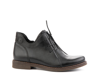 Women's autumn black leather jodhpur boots with laces and average heels, isolated white background. Right side view. Fashion shoes.