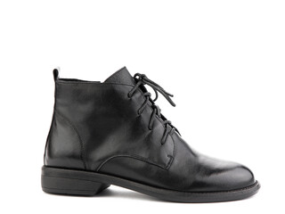 Women's autumn black leather jodhpur boots with laces and average heels, isolated white background. Right side view. Fashion shoes.