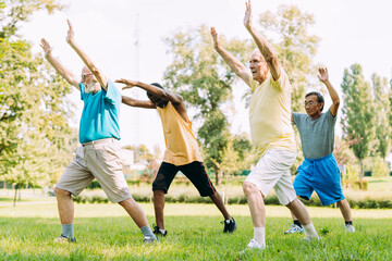 group of senior friends training at the park