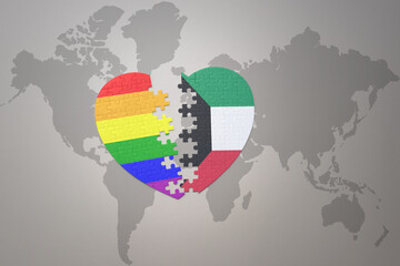 puzzle heart with the rainbow gay flag and kuwait on a world map background. Concept.