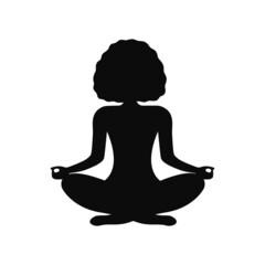 Black silhouette of African American woman in a pose for meditation. Meditation and yoga in the lotus position. Vector illustration isolated on white background