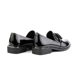 Vintage Women's Loafer Shoes. Closeup. Advertising shot. Leather shoes. Concept closeup shoes....