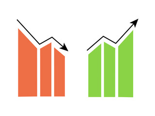 Two simple charts, dynamics of growth and decline. Up and down arrow, finance and profit or loss analysis theme. Statistical simple vector illustrations, infographic elements, data analysis.