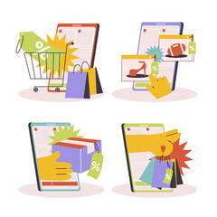 Hand-drawn flat vector illustration of online shopping app discount sticker set, E-commerce concept isolated on white collection.