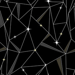 Celestial seamless pattern. Black starry sky, geometric lines. Stylish modern celestial print with stars for fabric and textile, astrological background. Abstract constellations in dark night sky.
