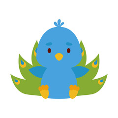 Cute little sitting peacock. Cartoon animal character design for kids t-shirts, nursery decoration, baby shower, greeting cards, invitations, bookmark, house interior. Vector stock illustration