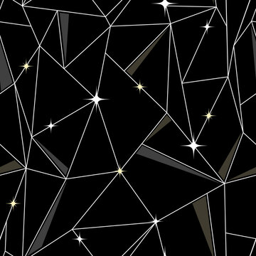 Celestial Seamless Pattern. Black Starry Sky, Geometric Lines. Stylish Modern Celestial Print With Stars For Fabric And Textile, Astrological Background. Abstract Constellations In Dark Night Sky.