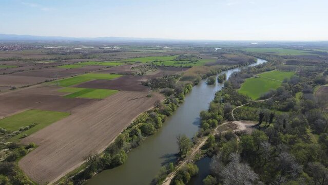 Aerial view of Chepelarska River, pouring into the Maritsa River near city of Plovdiv, Bulgaria