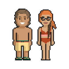 Pixel art set of cute boy and girl on the beach in summer on a white background. - 506047404