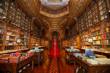 Fototapeta premium Livraria Lello e Irmão is considered one of the most beautiful bookstores in the world, being the two most visited spaces in the city of Porto, in Portugal.