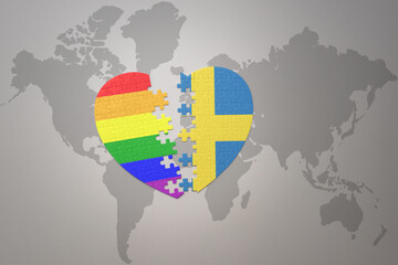 puzzle heart with the rainbow gay flag and sweden on a world map background. Concept.