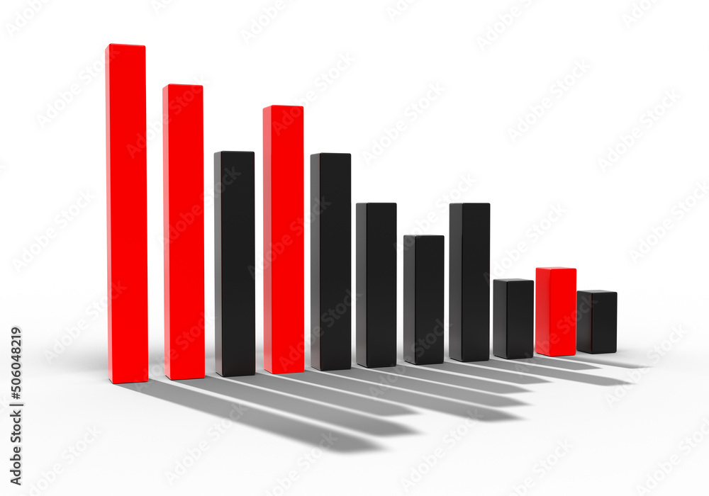 Poster falling graph. red and black bars show negative trend concept. graph shows decline in performance. f