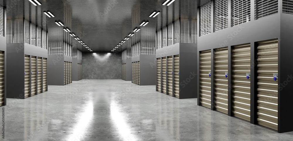 Poster self-storage corridor. concrete floor in front of self-storage unit door. storage things in rented w