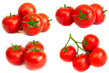 Red juicy tomatoes set. Isolated on white background.
