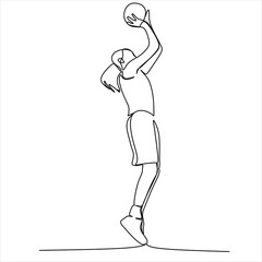 Continuous one line drawing of basketball player dribbling and holding the ball. Athlete running simplicity minimalism design.