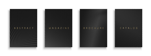 Collection of black luxury covers, templates, backgrounds, placards, brochures, banners, flyers and etc. Abstract halftone striped and dotted posters. Dark minimalistic elegant design