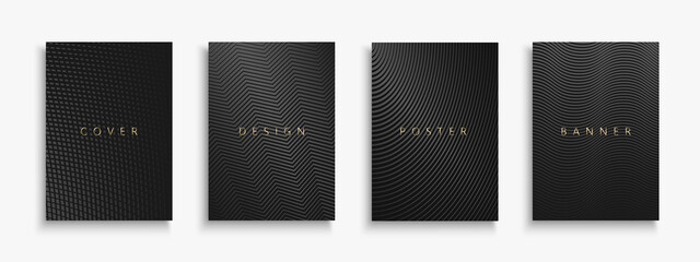 Collection of black luxury covers, templates, backgrounds, placards, brochures, banners, flyers and etc. Abstract halftone striped and dotted posters. Dark minimalistic design