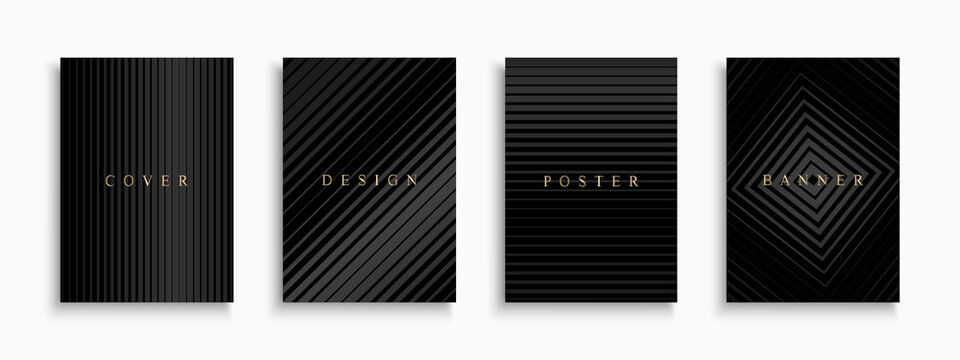 Set of dark luxury covers, templates, backgrounds, placards, brochures, banners, flyers and etc. Black halftone striped posters, cards, catalogs