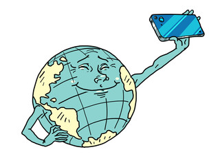 planet earth character with phone, global connection, internet
