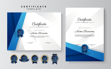 Modern blue and white certificate of achievement template with gold badge and border