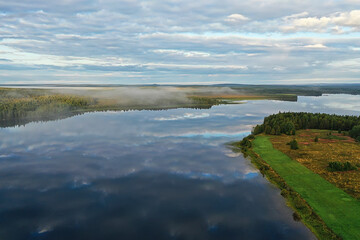 river autumn view from drone forest, landscape panorama aerial view
