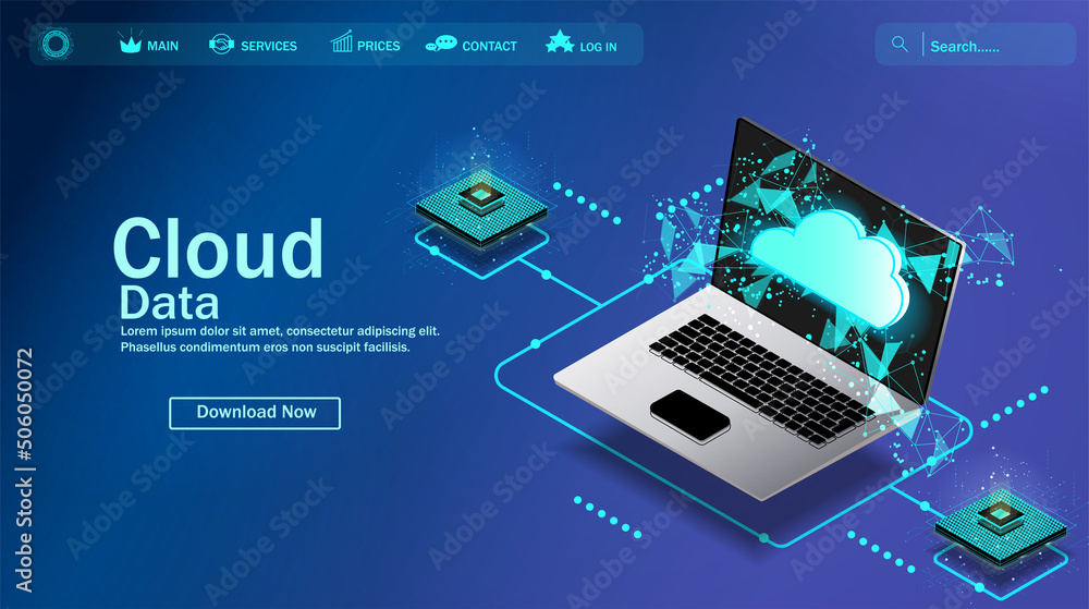Poster the concept of cloud computing. secure data exchange on a laptop. illustration of cloud technologies