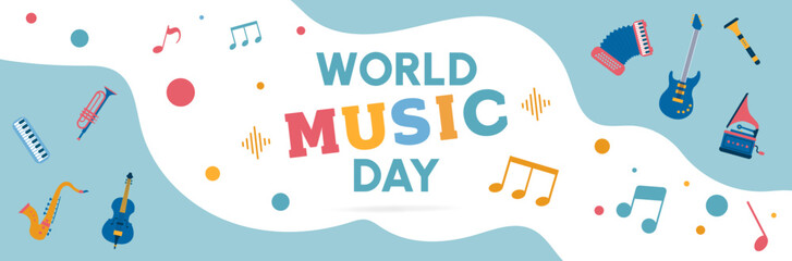 Music day - Musical banner, colorful instruments - obrazy, fototapety, plakaty