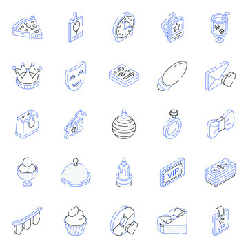 Set of Party Outline Isometric Icons 