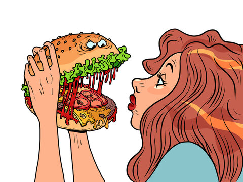 Monster burger character bites a woman in a restaurant, Fast food humor