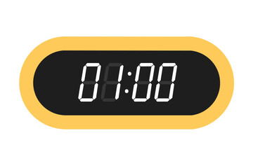 Vector flat illustration of a digital clock displaying 01.00 . Illustration of alarm with digital number design. Clock icon for hour, watch, alarm signs.