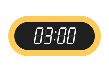 Vector flat illustration of a digital clock displaying 03.00 . Illustration of alarm with digital number design. Clock icon for hour, watch, alarm signs.