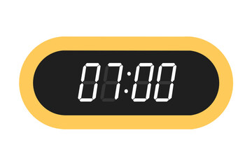 Vector flat illustration of a digital clock displaying 07.00 . Illustration of alarm with digital number design. Clock icon for hour, watch, alarm signs.