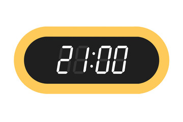 Vector flat illustration of a digital clock displaying 21.00 . Illustration of alarm with digital number design. Clock icon for hour, watch, alarm signs.