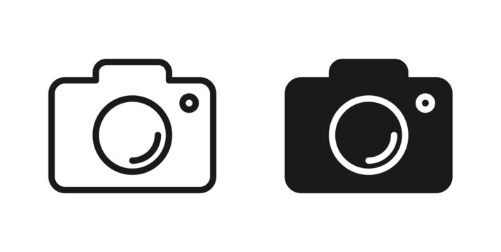 Simple camera icons. Line and solid photocamera symbols.