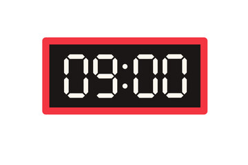 Vector flat illustration of a digital clock displaying 09.00 . Illustration of alarm with digital number design. Clock icon for hour, watch, alarm signs.