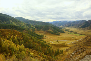 Fototapeta na wymiar Altai mountain landscape, panorama autumn landscape background, fall nature view