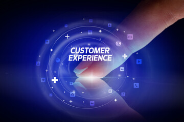 Finger touching tablet with social media icons concept