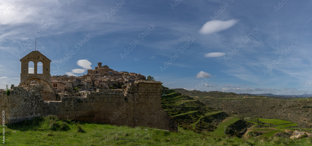 Sticker panorama view of the picturesque historic village of Ujue in Navarra with church ruins and hilltop castle