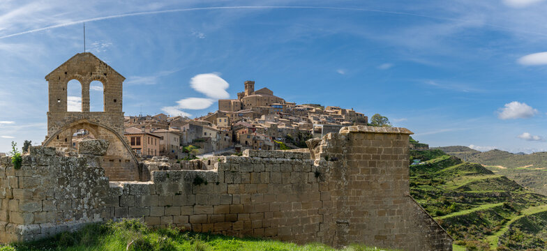 panorama view of the picturesque historic village of Ujue in Navarra with church ruins and hilltop castle