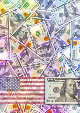 Textured illustration, book cover. Randomly scattered US paper money. 100 dollar banknotes. American flag