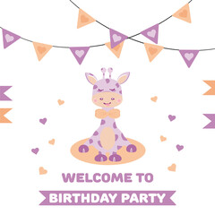 Cute baby boy giraffe. Birthday card invitation