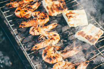 Grilled shrimps at the barbecue.