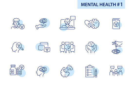 Mental health and psychological help. Set of 15 pixel perfect line art icons.