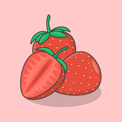 Slice And Whole Of Strawberry Cartoon Vector Illustration. Strawberry Fruit Flat Icon Outline